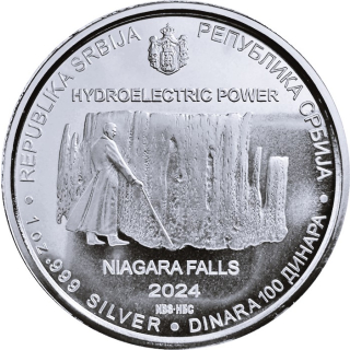 NEU* 1 oz Serbien 2024 BU - NIKOLA TESLA HYDROELECTRIC POWER - NIAGARAFÄLLE - Nikola Tesla - Silber 100 Dinar - Teslaserie !