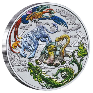 1 oz Australien 2024 COLOR II - Vier WÄCHTER - FOUR GUARDIANS DRACHE - silber BU  Serie Mythen & Legenden Ausgabe 8 - Myth & Legends - 1AU$