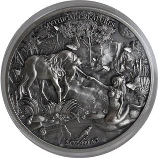 2 oz Tschad 2021 Antique - MEERJUNGFRAU & EINHORN - MERMAID & UNICORN - Antique Finish Ultra High Relief - 10,000 Frs