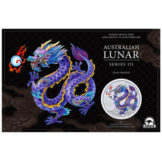 AURINUM*SUMMER*SALE**  1 oz Australien 2024 Coin Card - LILAC DRACHE - DRAGON - Sydney ANDA Money Coin Show - JAHR des DRACHEN - LUNAR DRACHE - 1 AU$ - Silberdrache
