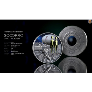 2 oz Kamerun 2025 Antique - SOCORRO UFO INCIDENT Interstellar Phenomena - Silber Antique Finish - 2000 Francs - Innovativserie !