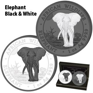 2 x 1 oz Somalia 2025 - Black & White Ruthenium silber - Schwarz & Weiss - Elefant African Wildlife