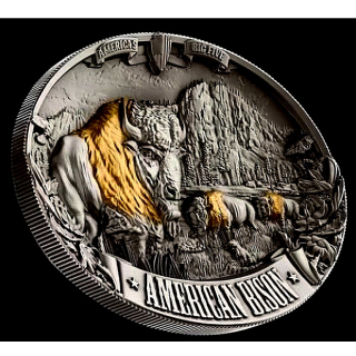 5 oz Samoa 2025 Antique Konkav Konvex - BISON American BISON im Yellowstone Park  - Spirit of America - Silber Antique Finish Deep Relief Gilded - 10 $ - Auflage 200 !