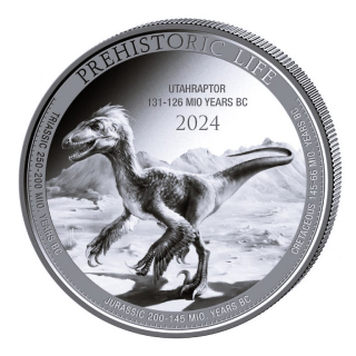 NEU* 1 oz Kongo 2024 - UTAHRAPTOR - Serie Prehistoric Life Ausgabe 15 - Silber BU 20 Frs