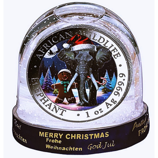 1 oz Somalia ELEFANT 2025 Schneekugel - WEIHNACHTSMÜNZE - Merry Christmas - Wildlife Silber Farbig Color