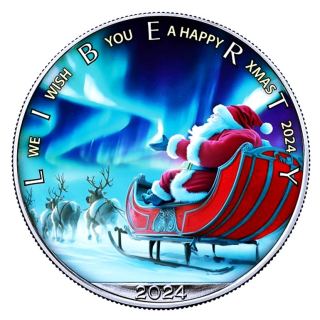 NEU* WEIHNACHTEN* 1 oz USA American Eagle 2024 - SANTA & Polarlichter - Polar Lights - Christmas Edition - silber Color