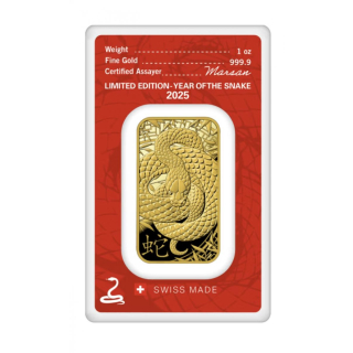 NEU* 1 oz Goldbarren - Schlange - Jahr der Schlange - Year of the Snake (geprägt) 999,99 im Blister - Argor-Heraeus