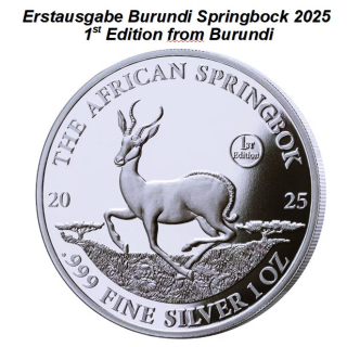 LETZE MÜNZEN* 1 oz Burundi 2025 BU - SPRINGBOCK - 1,000 Frs - Erstausgabe der Neuen Burundi-Springbockserie