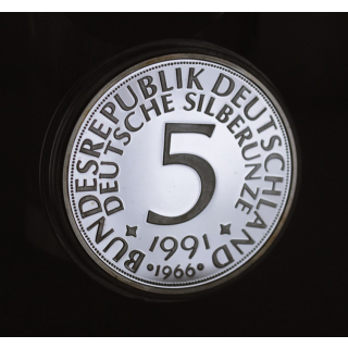 1 Unze Silber - DEUTSCHE SILBERUNZE 1991 Proof - Motiv der 5 Deutsche Mark aus 1966 - Silberadler