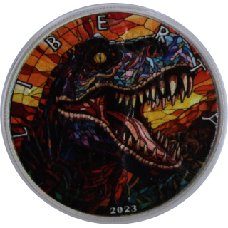 1 oz USA 2023 Color Stained Glass - T-REX & Bald Eagle - Glasmalerei Edition - silber Color - EINZELSTÜCK !  Auflage 100 !