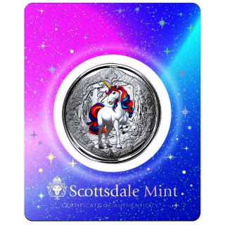 Letzte** 1 oz Fiji 2024 Prooflike - UNICORN / EINHORN Regenbogen/Blossom - Coin Card  Silber Color Prooflike 2 NZS - Startmotiv