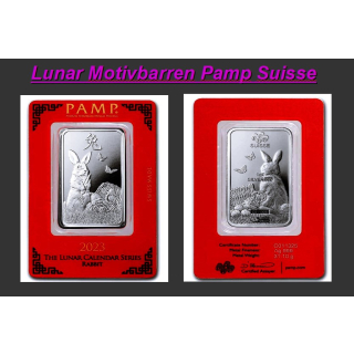 1 oz Silber LUNAR Motivbarren 2023 HASE - Jahr des Hasen - Rectangular Pamp Suisse Voin Card - Lunarserie Rounds + Barren