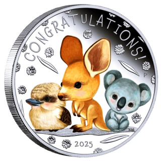 1/2 ozAustralien 2025 Proof - NEUGEBORENES BABY - Newborn baby - silber - Tierbabies Känguru Koala Kookaburra - 50 Cent AU$