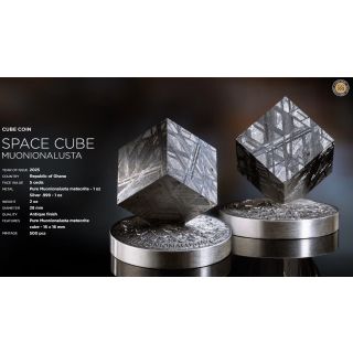 1 oz Silber + 1 oz Meteorit  Ghana 2025 - Muonionalusta Meteorit Space Cube - Antique Finish - Ausgabe4  SPACE CUBE serie