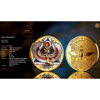 5 oz Kamerun 2025 - ISIS - Göttin der Wiedergeburt - mit BERNSTEIN Amber - GOLD GRANDEUR serie 1. Ausgabe -2000 Francs