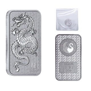 NEU* 1 Unze Silber Motivbarren 2024 - DRACHE DRAGON - Rechteckig - Rectangle - Serie Lunar Rechteckdrachen Perth Mint Australien - Folie