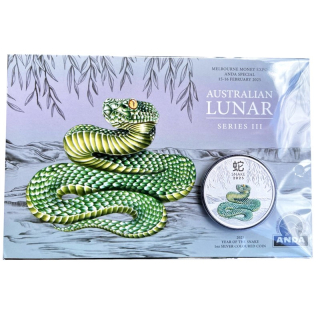 AURINUM*SUMMER*SALE**  1 oz JAHR der  GRÜNEN SCHLANGE 2025 Coin Card Australien Color Melbourne ANDA EXPO - GRÜNE SCHLANGE - GREEN SNAKE  - LUNAR III SCHLANGE - Silber 1 AU$ - Silberschlange