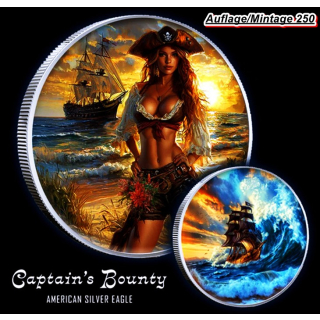 1 oz USA American Eagle 2024 - BOUNTY - Karibische Piratenschönheit - Captains Bounty Woman  Edition - silber Color - Doppelmotiv - Auflage 250 Einzelstück