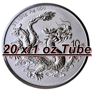 Wieder*Da* 20 x 1 oz TUBE China 2025 BU - Lunar DRACHE - JAHR des DRACHEN Tang Dynasty & Grosse Mauer - Erstausgabe der neuen China Lunarserie - Silber 10 Yuan - China Mint