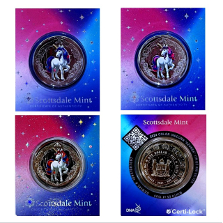 AURINUM*SUMMER*SALE**  3 x 1 oz SET Fiji 2024 UNICORN - EINHORN - Blossom+Veloria+Azurea - Coin Card Certilock - Silber Color Prooflike 2 NZS