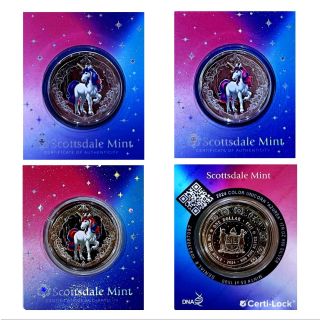 AURINUM*TOP*ANGEBOT** 3 x 1 oz SET Fiji 2024 UNICORN - EINHORN - Blossom+Veloria+Azurea - Coin Card Certilock - Silber Color Prooflike 2 NZS