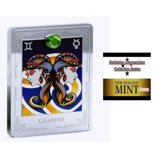 2 oz Niue 2025 Proof - ZWILLINGE GEMINI - Zodiac Sternzeichen Ausgabe 3 mit Edelstein - silber 3 NZ$ - NZ Mint Agoro