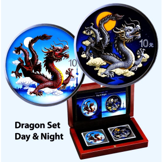 2 x 1 oz SET China 2025 Tag & Nacht Day & Night - Lunar DRACHE - JAHR des DRACHEN Tang Dynasty & Grosse Mauer - Erstausgabe der neuen China Lunarserie - Silber 10 Yuan