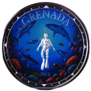 NEU* 1 oz SHARK DIVER / HAITAUCHER farbig  2024 Grenada EC8 - Silber Proof in Box 2$