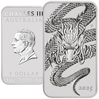 NEU* 1 oz Australien 2025 BU Silberbarren  - DRACHE DRAGON - Jahr des MondDrachen - Rechteckig - Rectangle - Silber - Serie Rechteckdrachen Perth Mint