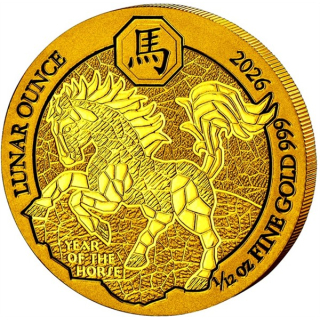 AURINUM*SUMMER*SALE*Letzte ! 1/12 oz Gold Ruanda 2026 BU - PFERD - LUNAR OUNCE - JAHR des PFERDES - YEAR of the HORSE - Goldpferd - 100 RWF