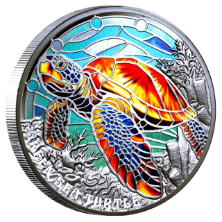 2 oz Niue 2025 Proof - Green Sea Turtle - BUNTGLAS-Edition / STAINED GLASS - Nature’s Window - SilberEdition 5 NZ$