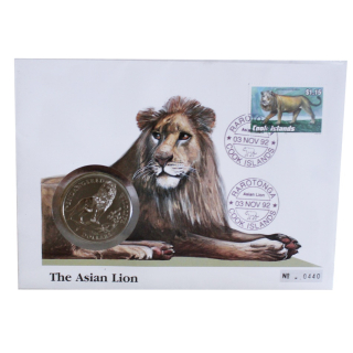 28,3 g Kupfer Cook Islands - Asiatischer LÖWE - Asian LION - mit 1,15 $ Rarotonga Briefmarke Coin Card - Endangered Wildlife  - ECHTBILDER