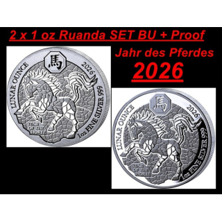 AURINUM*TOP*ANGEBOT** 2 x 1 oz Ruanda SET 2026 BU+Proof - PFERD - LUNAR OUNCE - JAHR des PFERDES - YEAR of the HORSE - Silber - Silberpferd - 50 RWF