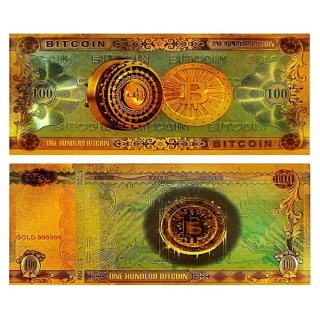NEU ** Goldfolie - BITCOIN - 24-Karat Vergoldung - Polycarbonat - 100 virtuelle Bitcoin - 24K Note Bill