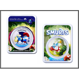 NEU* 1 oz Silber Round 2025 BU-EDITION  - Die SCHLÜMPFE - SCHLUMPFINE - SMURFS Coin Card - Erstes Color Doppelmotiv