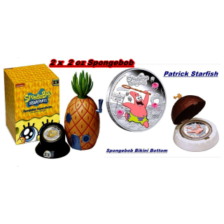2 x 2 oz Tuvalu 2024/2025 Proof - SPONGEBOB SCHWAMMKOPF & PATRICK STARFISH - Bikini Unterwasser Underwater - silber 2 AU$ - Perth Mint Edition