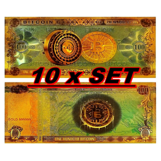 10 x SET Goldfolie - BITCOIN - 24-Karat Vergoldung - Polycarbonat - 100 virtuelle Bitcoin - 24K Note Bill
