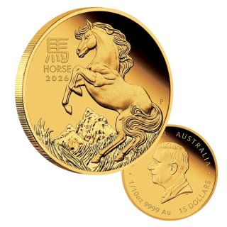 1/10 oz Gold Australien 2026 Proof - PFERD - Jahr des Pferdes Year of the Horse - Lunar III - 15 AU$ - Goldpferd