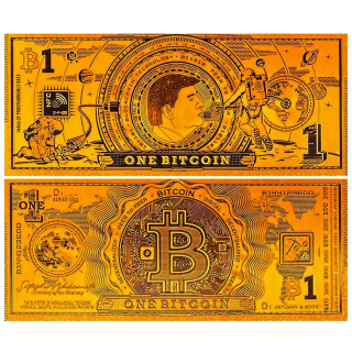 NEU ** Goldfolie - TRUMP - BITCOIN - 24-Karat Vergoldung - Polycarbonat - 1 virtuelle Bitcoin - 24K Note Bill