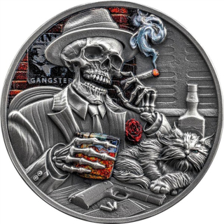 1 oz Ghana 2025 antique -SKELETT- GANGSTA SKULL aus CHICAGO  - Memento Mori - Silber Antique Finish - silber 5 Cedis - 3. Ausgabe - EINZELSTÜCK!