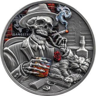 1 oz Ghana 2025 antique -SKELETT- GANGSTER SKULL aus CHICAGO  - Memento Mori - Silber Antique Finish - silber 5 Cedis - 3. Ausgabe - EINZELSTÜCK!