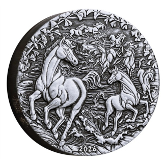 2 oz Australien 2026 Antique - Jahr des PFERDES Year of the Horse - Silber Antique Finish - LUNAR Pferd - Silberpferd