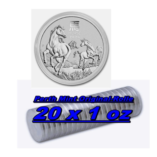 20 x  1 oz Original-Rolle Australien 2026 BU - JAHR des PFERDES / Year of the HORSE - LUNAR 3 Serie - 1 AU$ - Silberpferd Silver Horse