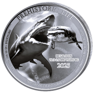NEU**1 oz Kongo 2025 BU - MEGALODON - KILLER SHARK / Der Killerhai aus der Tiefe des Meeres - Serie Prehistoric Life (17) - Silber 20 Frs