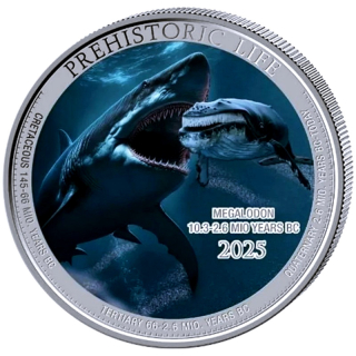NEU* 1 oz Kongo 2025 COLOR - MEGALODON - KILLER SHARK / Der Killerhai aus der Tiefe des Meeres - Serie Prehistoric Life (17) - Silber 20 Frs