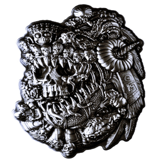 2,53 oz Silber Motivbarren - AZTEKEN Gott des TODES / God of Death - Konvex Konkav - Herrscher von Mictlán - Aztekische Unterwelt der Toten