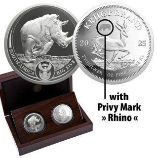 Neu * 2 x 1 Unze Silber Big Five Serie III NASHORN / RHINO und Krügerrand mit Privy Nashorn Südafrika 2025 Proof
