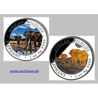 NEU* 2 x 1 oz SET Somalia Elefant 2026 GILDED + COLOR  - African Wildlife - Silber ELEFANTENMOTIV 2026