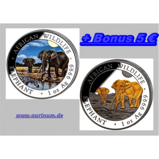 NEU* 2 x 1 oz SET Somalia Elefant 2026 GILDED + COLOR - African Wildlife - Silber + 1 x Bonus Silberelefant BU