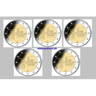 5 x 2 Euro Deutschland 2025 - 35 Jahre Deutsche Einheit / 35th anniversary of German Reunification - Alle 5 Prägestätten - All 5 German Mints - unc.